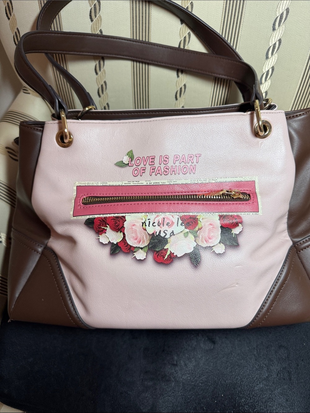 Nicole Lee Pink, Brown & Turquoise Shoulder Tote with Fashion Illustration - Picture 2 of 2